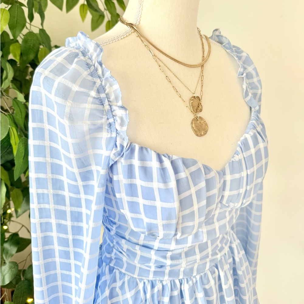 Light Blue Plaid Smocked Mini Romper, Size Small - Picture 6 of 11